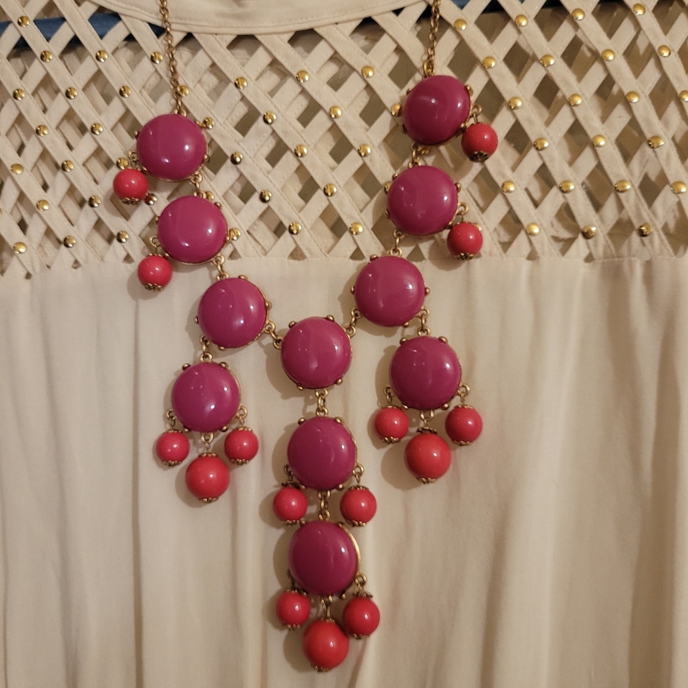 J Crew Pink Beaded Dangle Statement Necklace Chan… - image 2